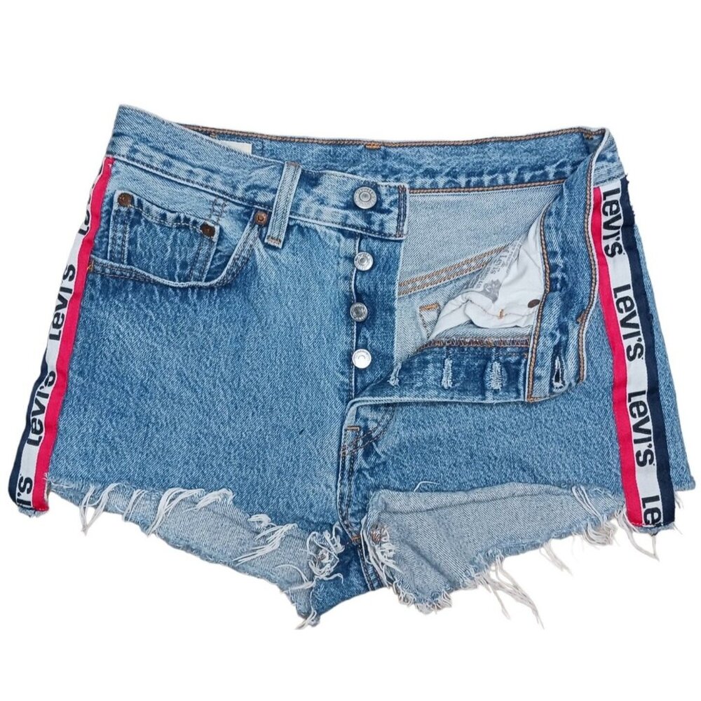 LEVIS 501 Premium Sport Tape Denim Jean Shorts Cutoffs Frayed Hem Big E Sz 26